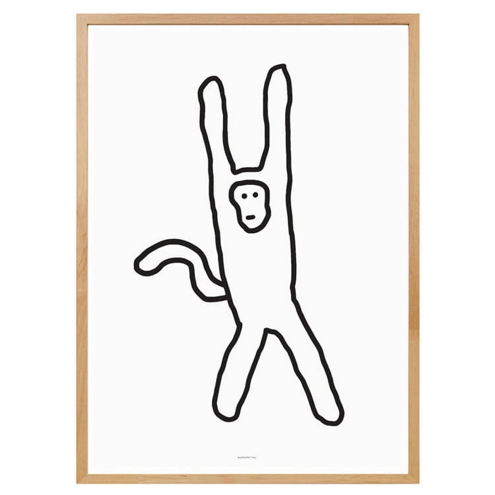 Art Print Monkey mit schwarzem Line Drawing eines Affen in goldenem Rahmen.